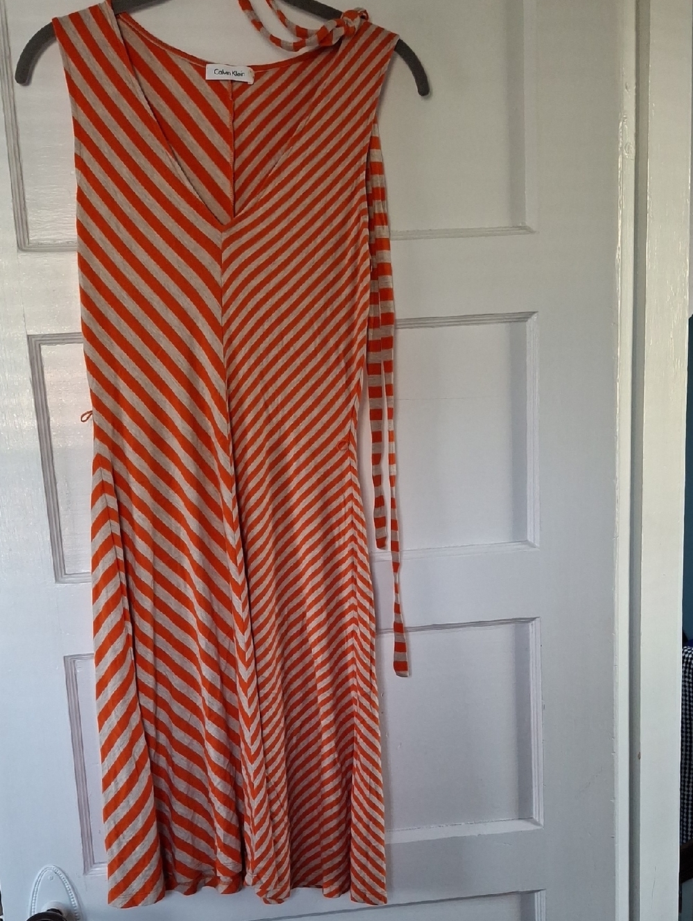 Calvin Klein Orange & White Striped Tie-Neck Midi Dress